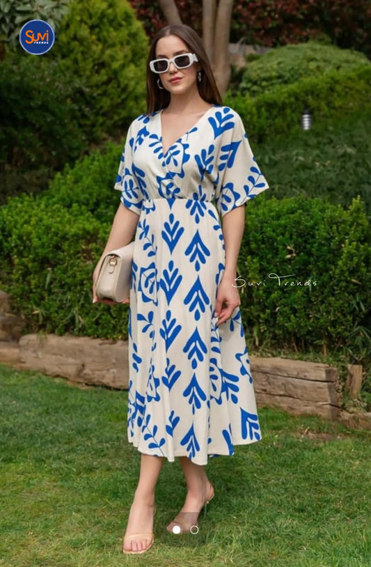 Pure Cotton Printed Dress - White & Blue