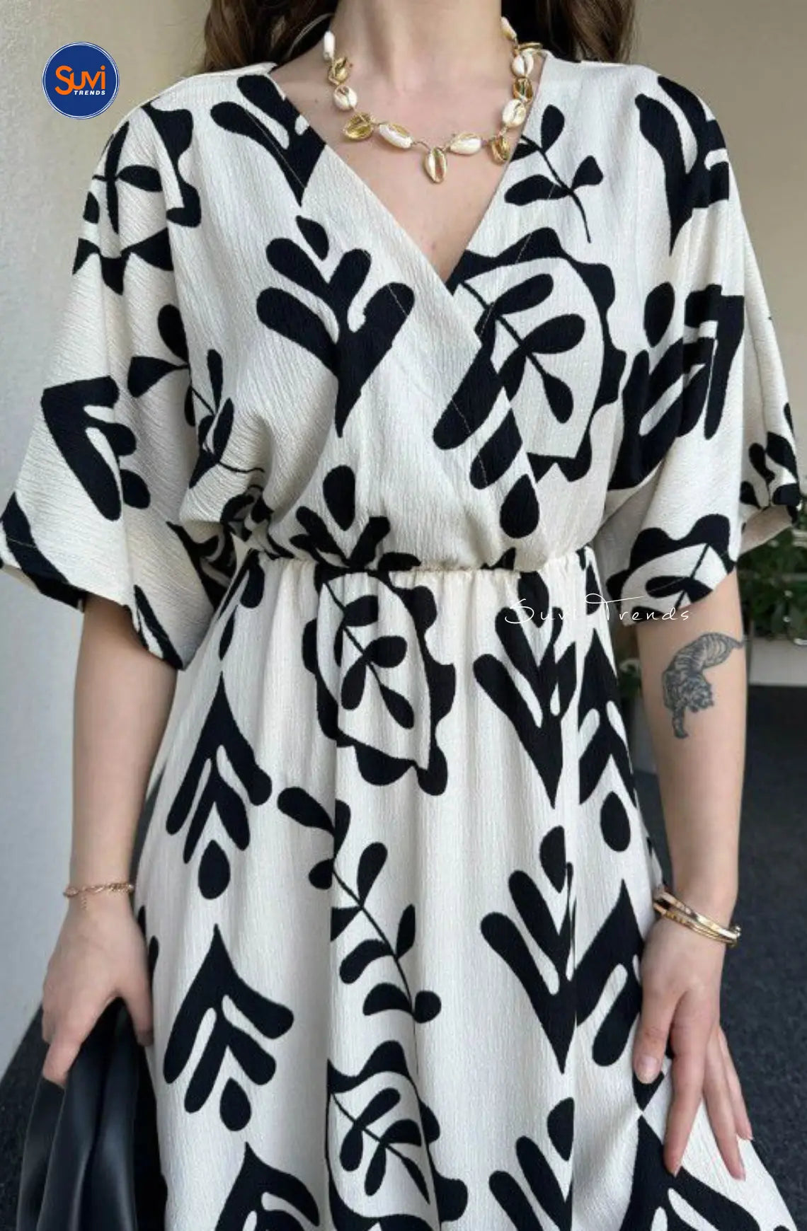 Pure Cotton Printed Dress - White & Black