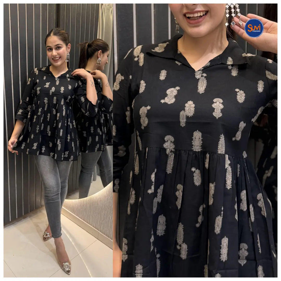 Achieve both style and comfort with our Pure Cotton Printed Peplum Top in chic black. Made with 100% pure cotton, this peplum short top is perfect for office wear or a night out. With a collared neck and eye-catching print, it's the best choice for a fashionable and affordable look. Buy online now in Malaysia!