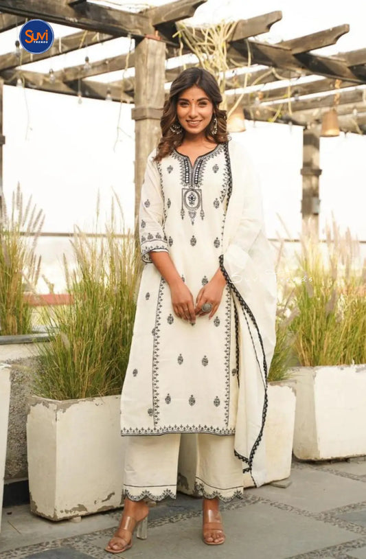 Pure Mul Cotton Hand Embroidered Suit Set - White