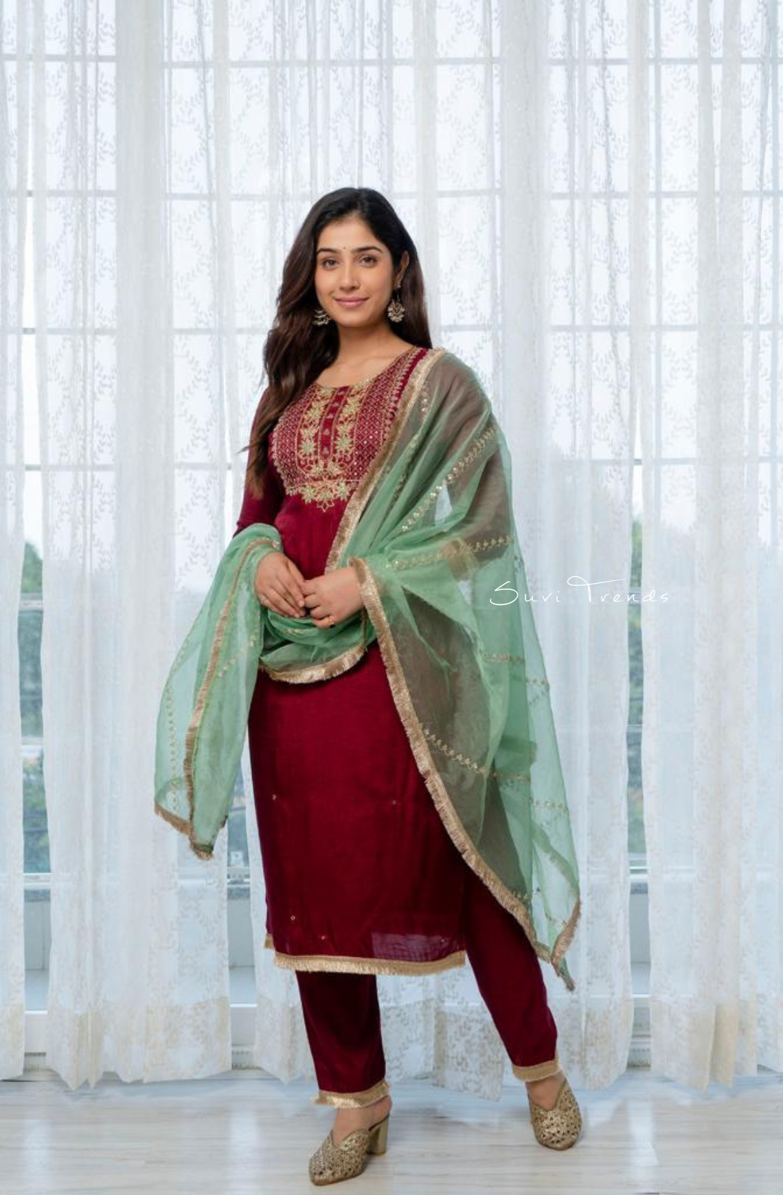 Ruby Silk Embroidered Suit Set - Maroon