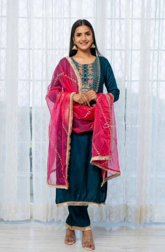 Ruby Silk Embroidered Suit Set - Teal