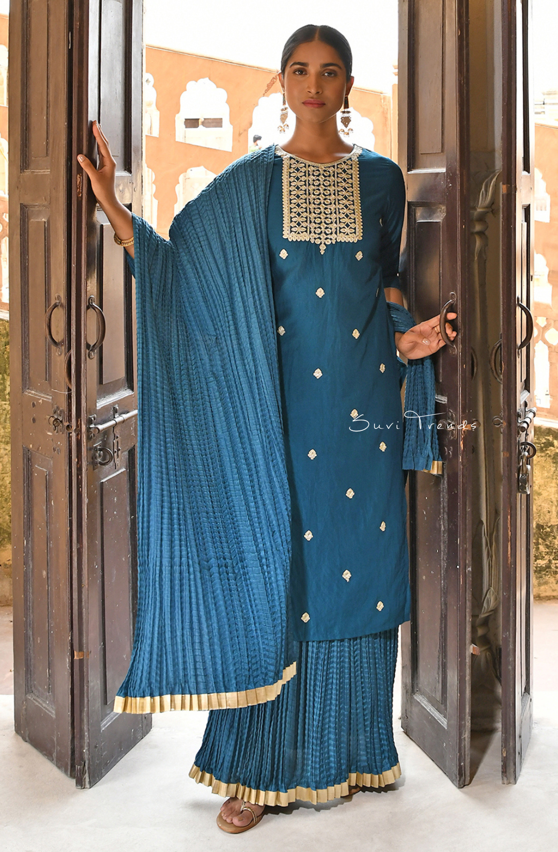 Embroidered Kurta with Skirt and Dupatta - Teal