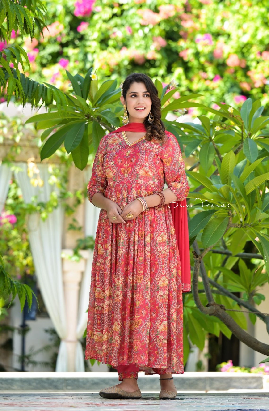 Traditional Printed Anarkali Set - Red