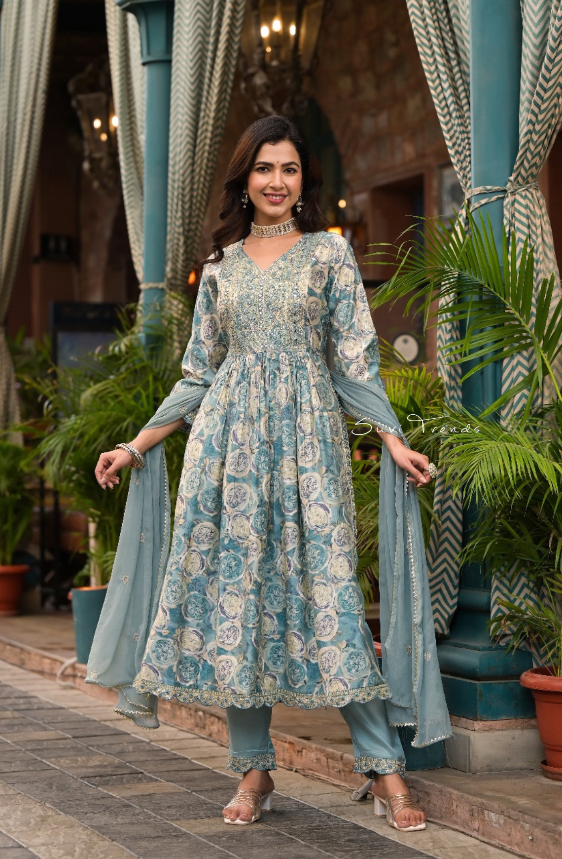 Floral Printed Suit Set with Mirror Work  - Mint Blue