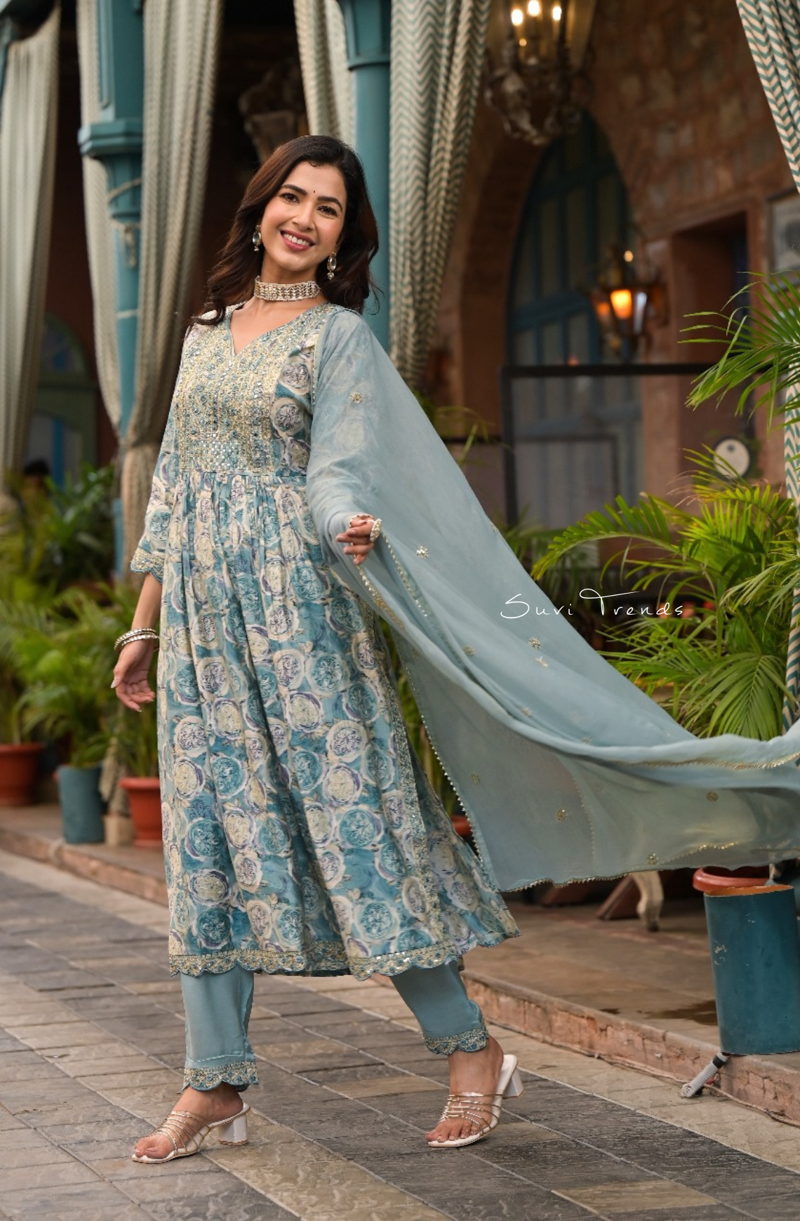 Floral Printed Suit Set with Mirror Work  - Mint Blue