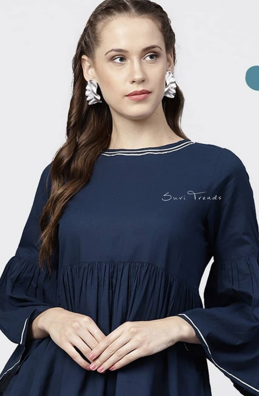 Solid Peplum Top with Bell Sleeve - Navy Blue