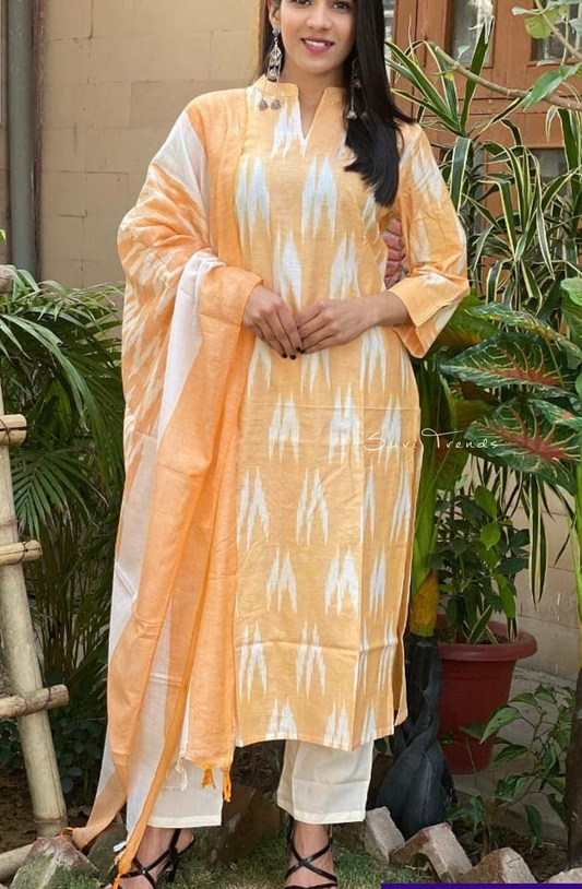 Handloom Cotton Ikat Kurta Set - Orange