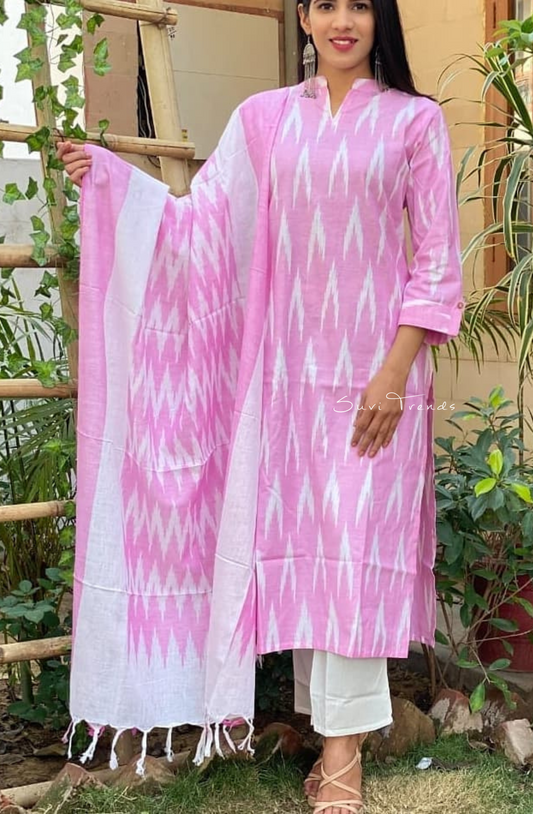 Handloom Cotton Ikat Kurta Set - Pink