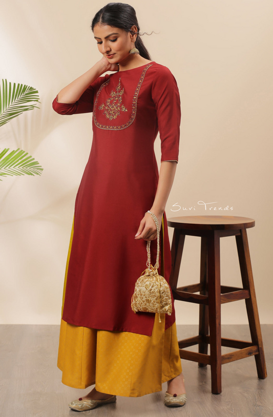 Solid Poly Silk Kurti with Embellishment - Red