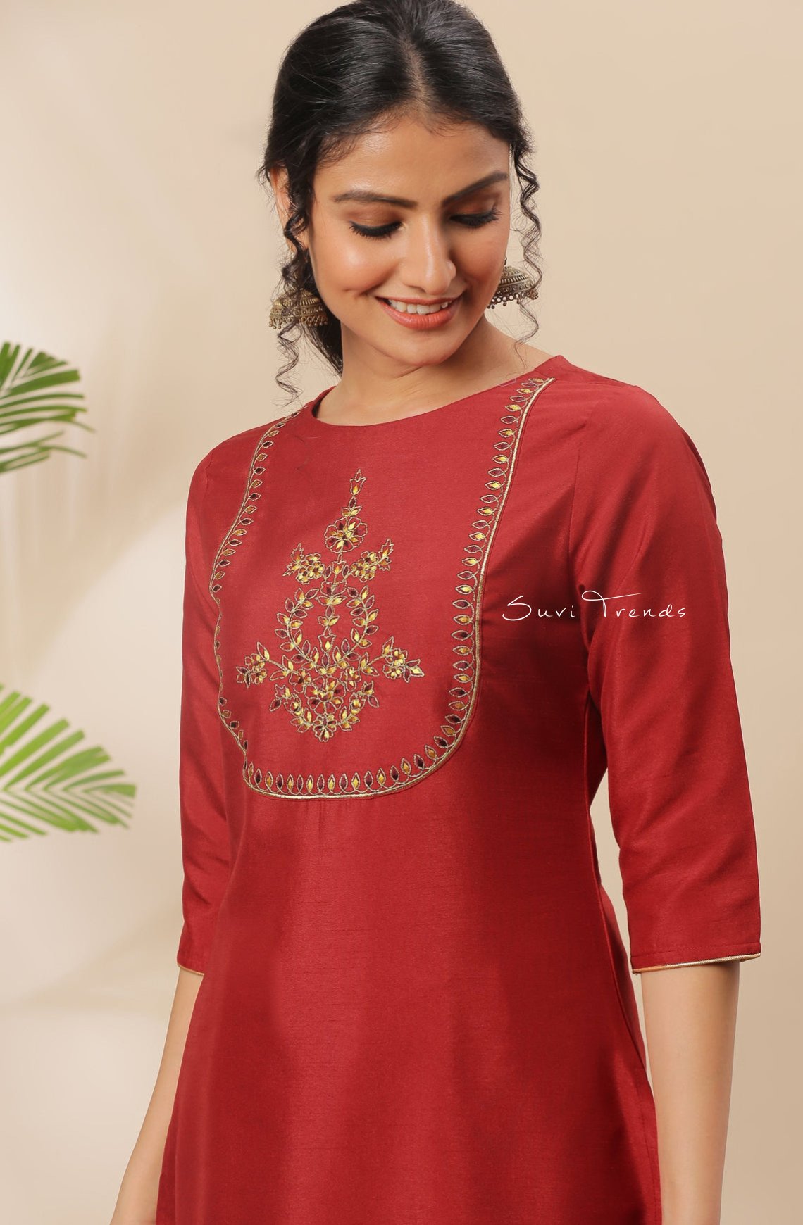 Solid Poly Silk Kurti with Embellishment - Red
