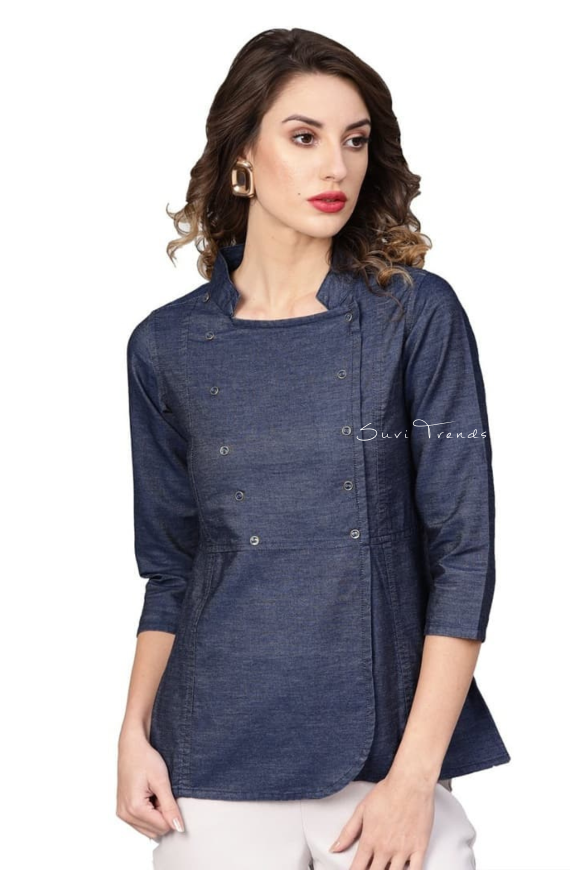 Solid Denim Peplum Top - Blue