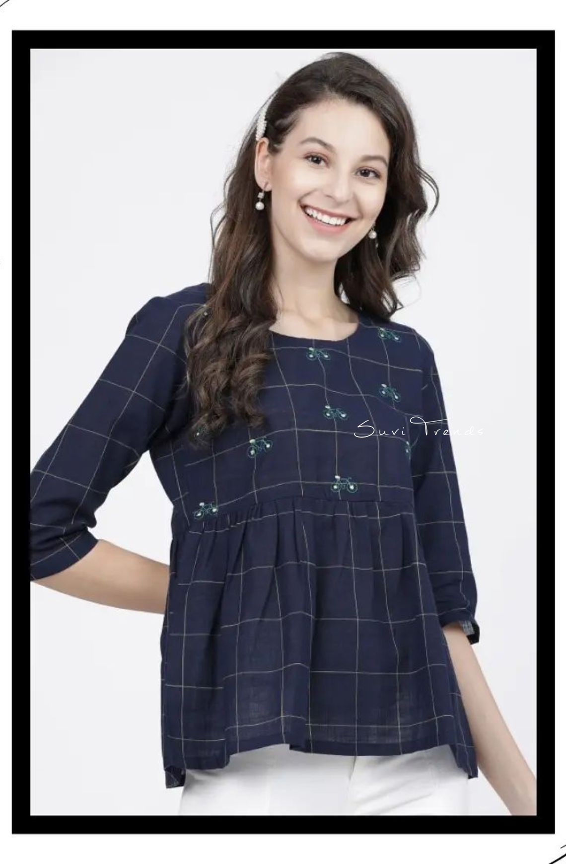 Bicycle Motif Embroidered Peplum Top - Blue