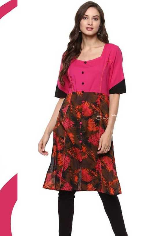 Leaf Printed Straight Kurta - Pink