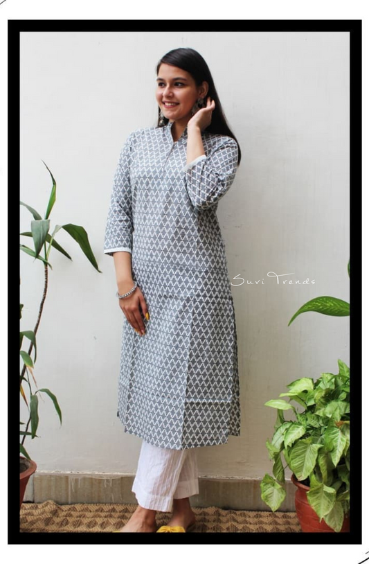 Geometric Printed Straight Kurta - Grey