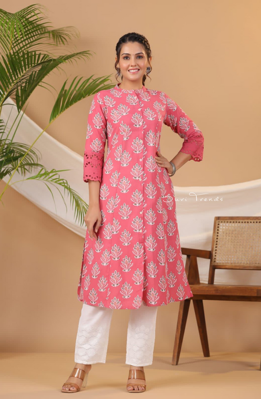 Cactus Print A-Line Kurta - Pink