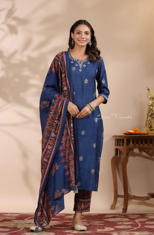 Pure Muslin Suit Set with Dupatta - Blue