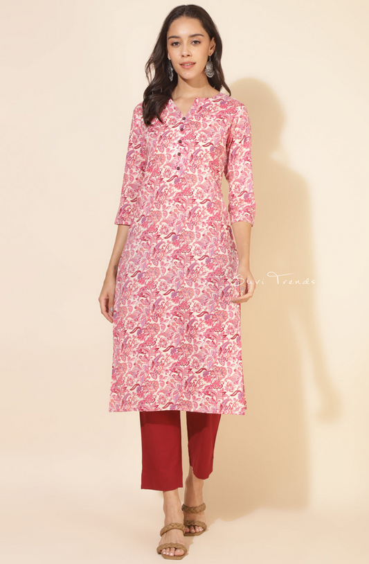 Pure Cotton Floral Straight Kurta - Cream