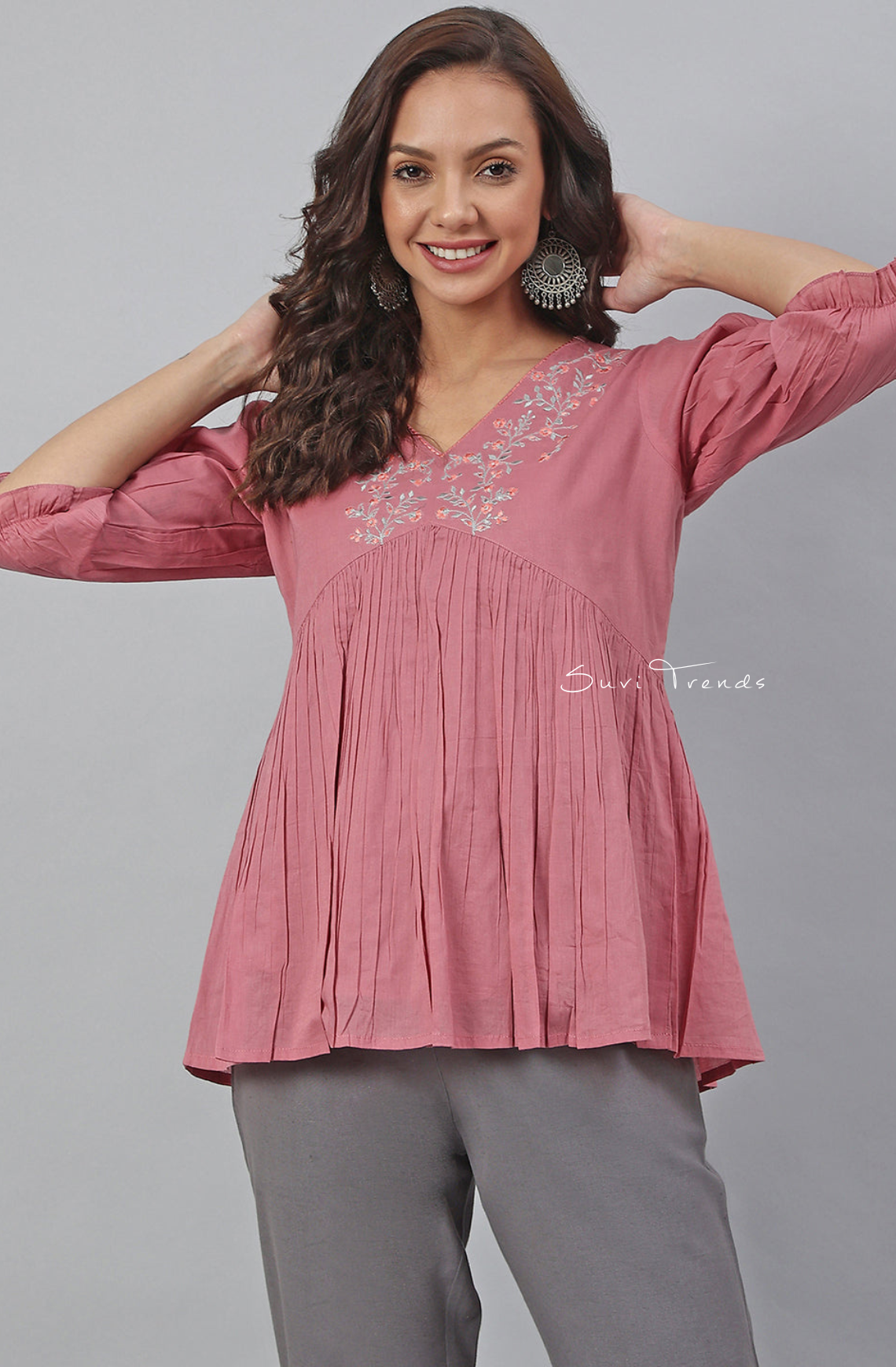 Embroidered Fit and Flared Top - Pink
