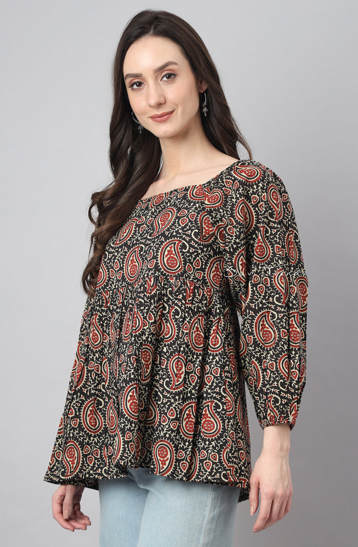 Pure Cotton Paisley Printed Gathered Top - Black