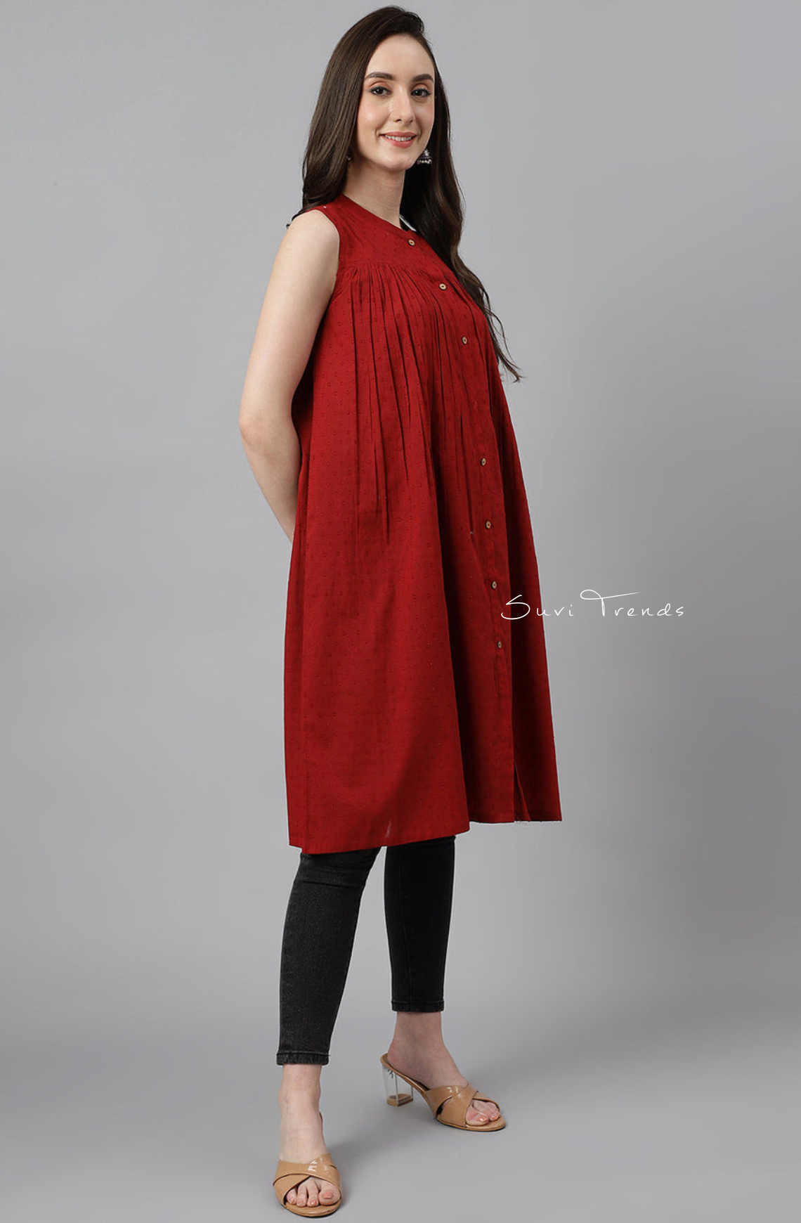 Dobby Cotton Solid Gathered Top - Maroon