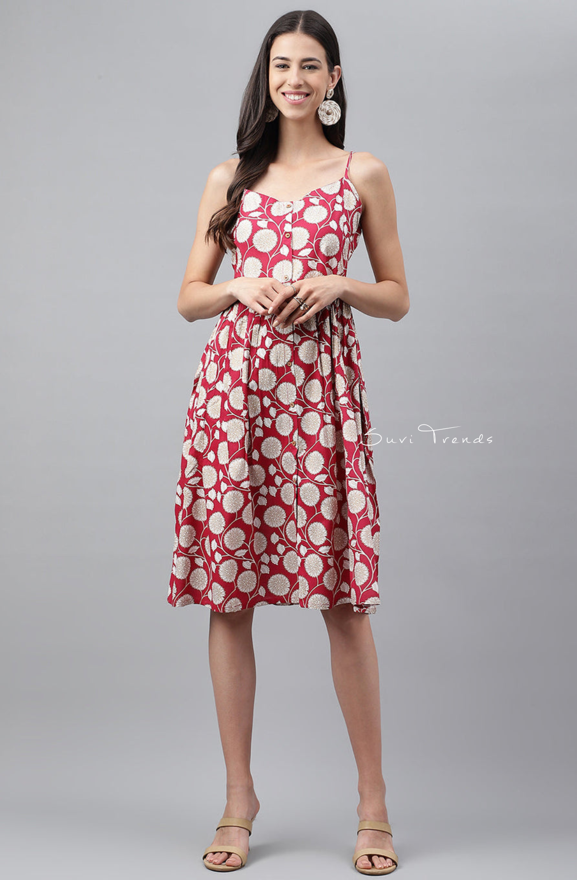 Botanical Printed Gathered Dress - Magenta