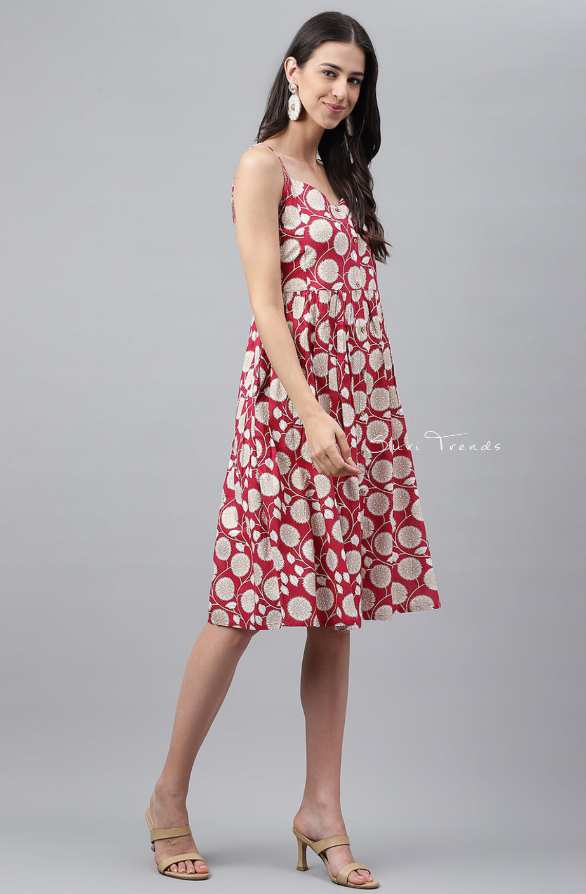 Botanical Printed Gathered Dress - Magenta