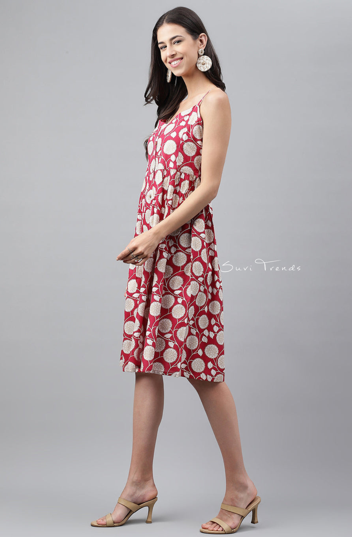 Botanical Printed Gathered Dress - Magenta