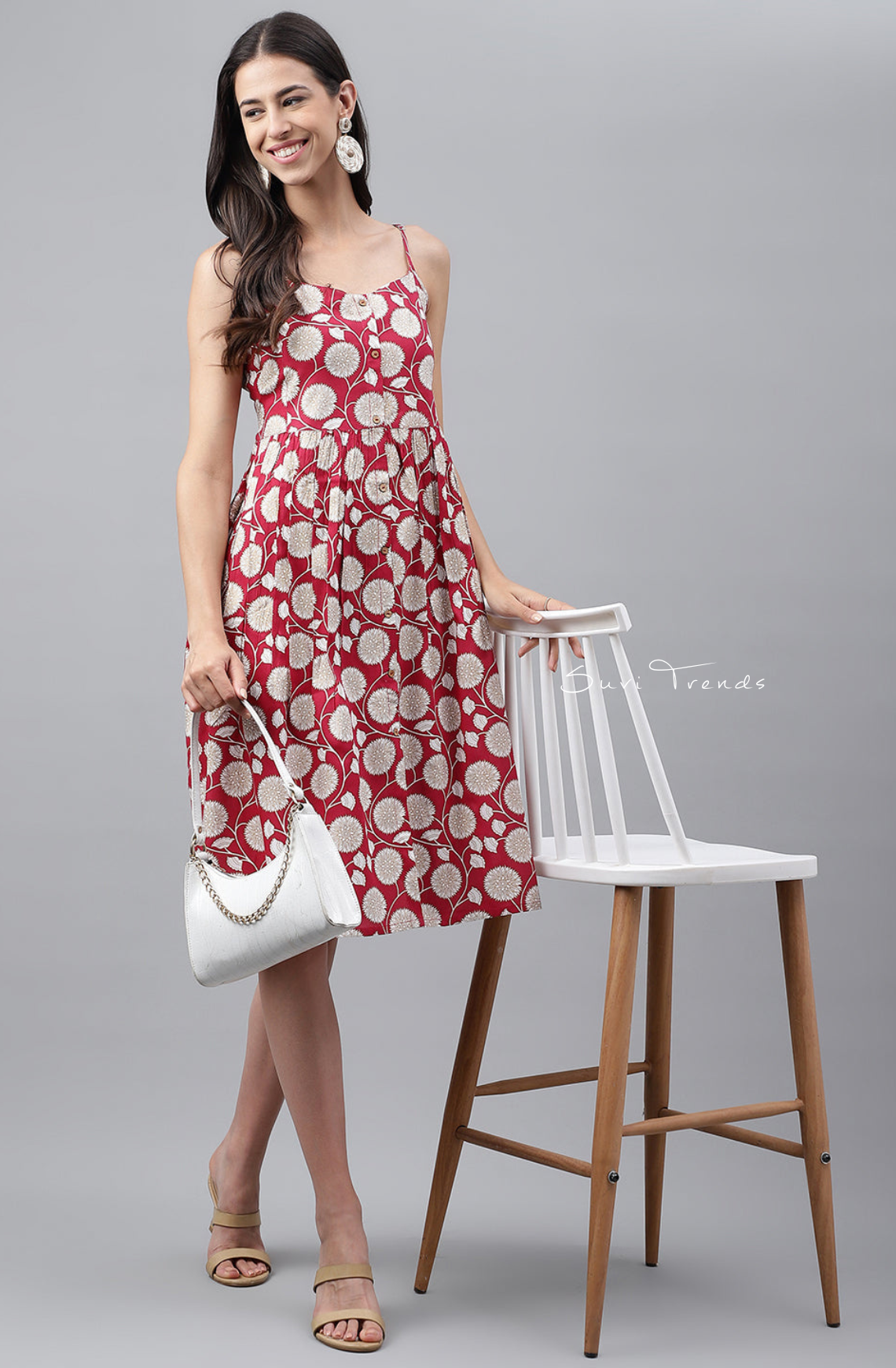 Botanical Printed Gathered Dress - Magenta