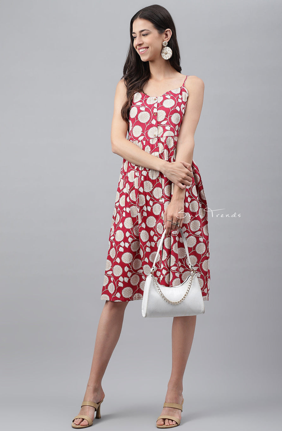 Botanical Printed Gathered Dress - Magenta