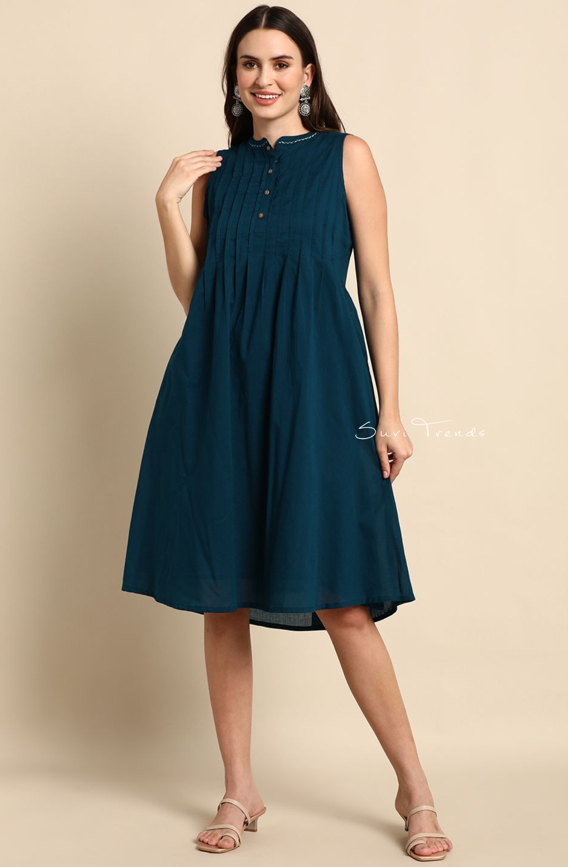 Pure Cotton A-Line Western Dress - Teal Blue