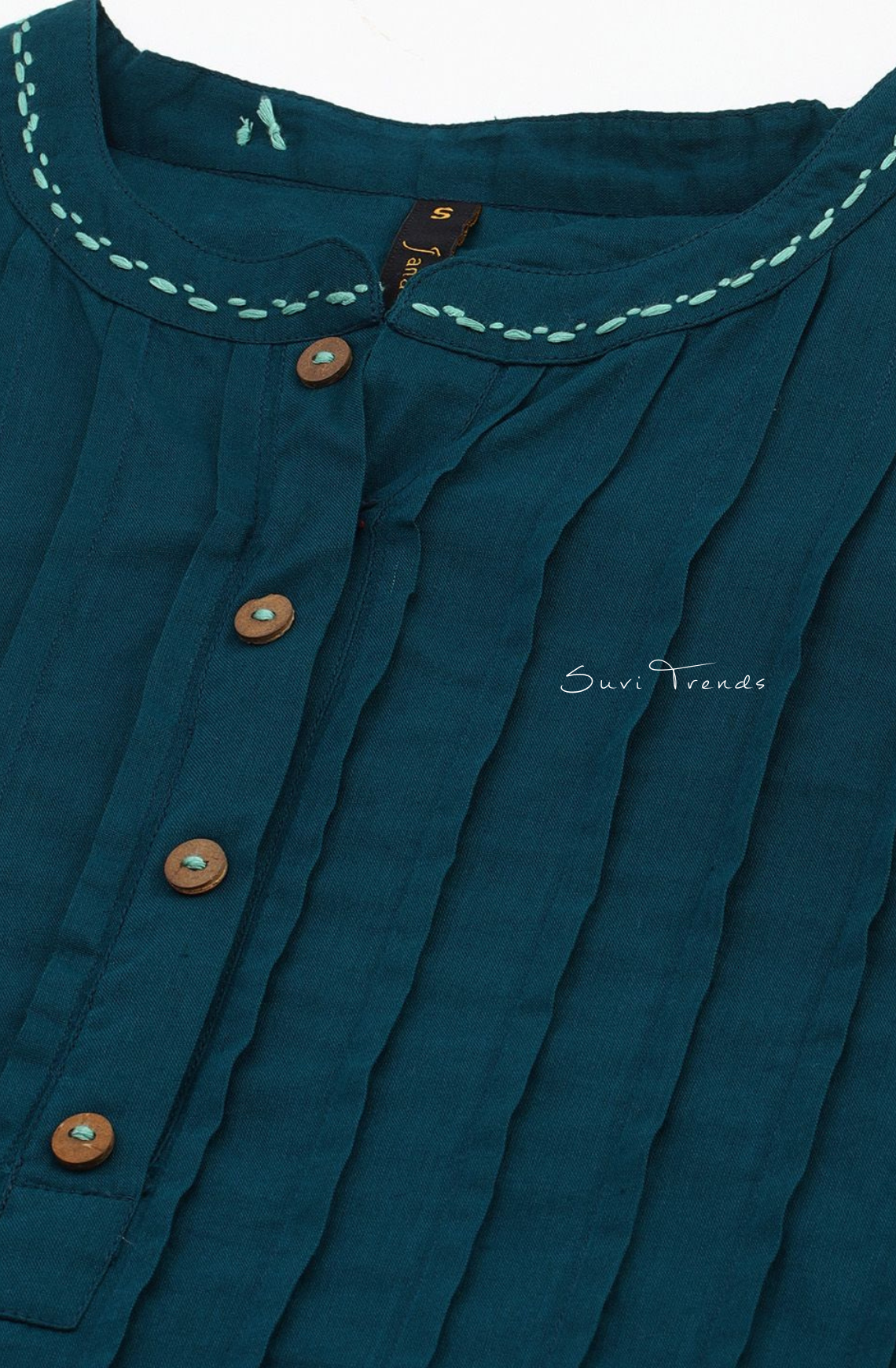 Pure Cotton A-Line Western Dress - Teal Blue
