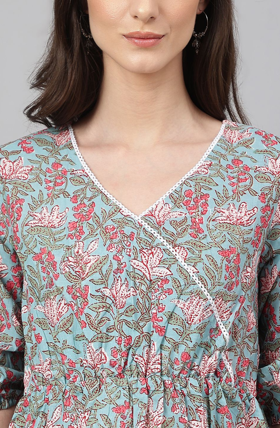 Pure Cotton Floral Printed Peplum Top - Aqua Blue