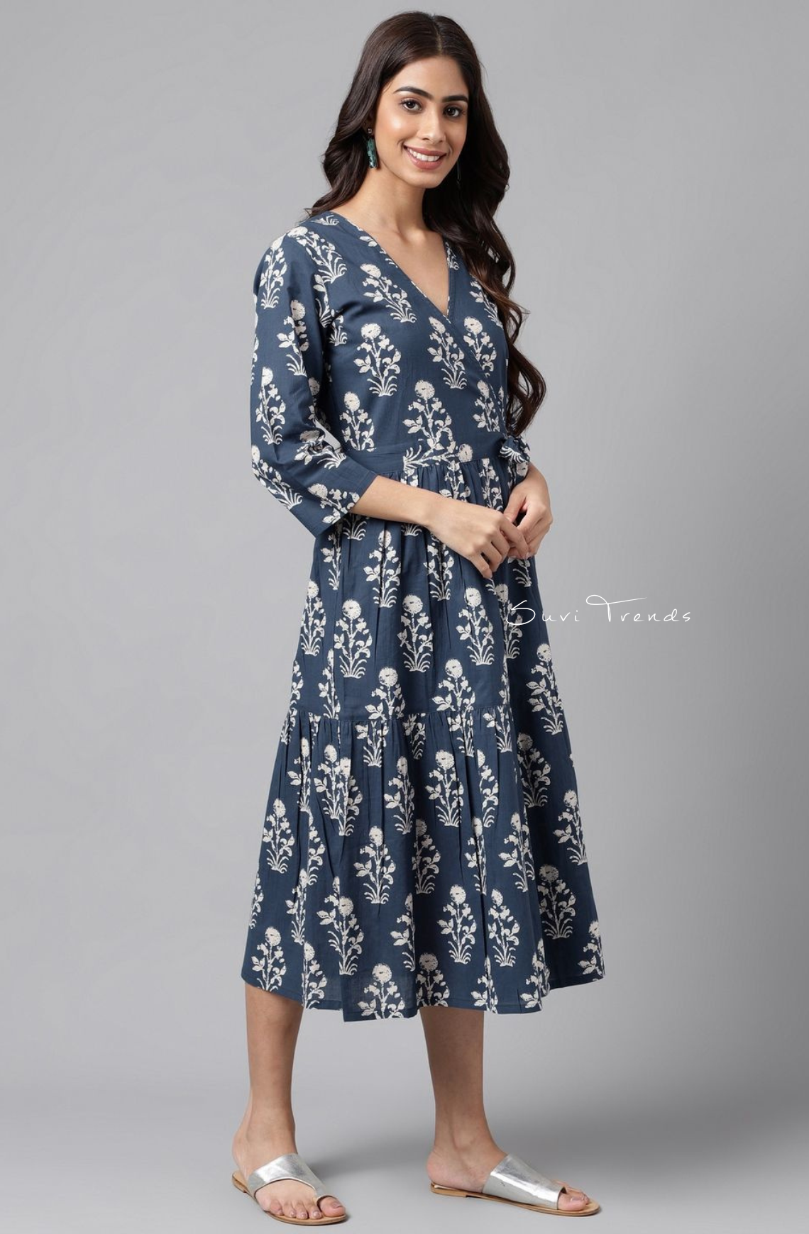 Pure Cotton Floral Printed Wrap Dress - Navy Blue