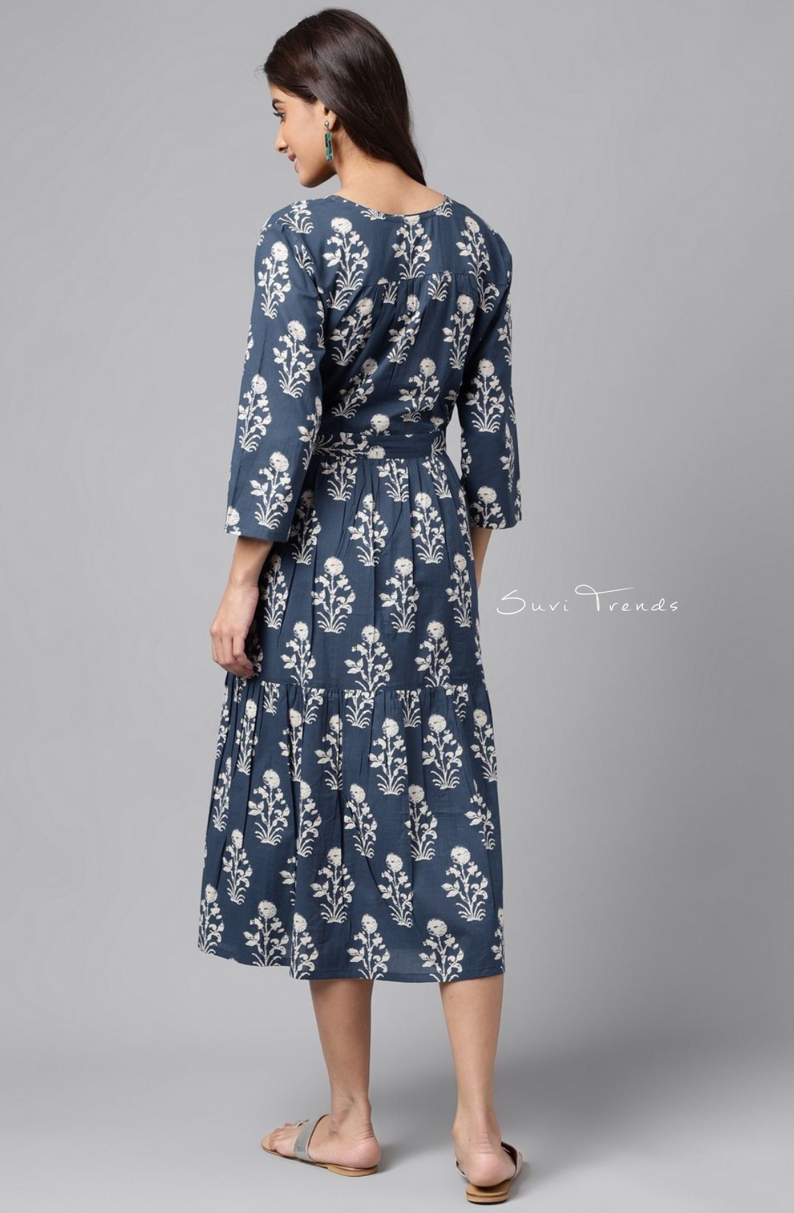 Pure Cotton Floral Printed Wrap Dress - Navy Blue