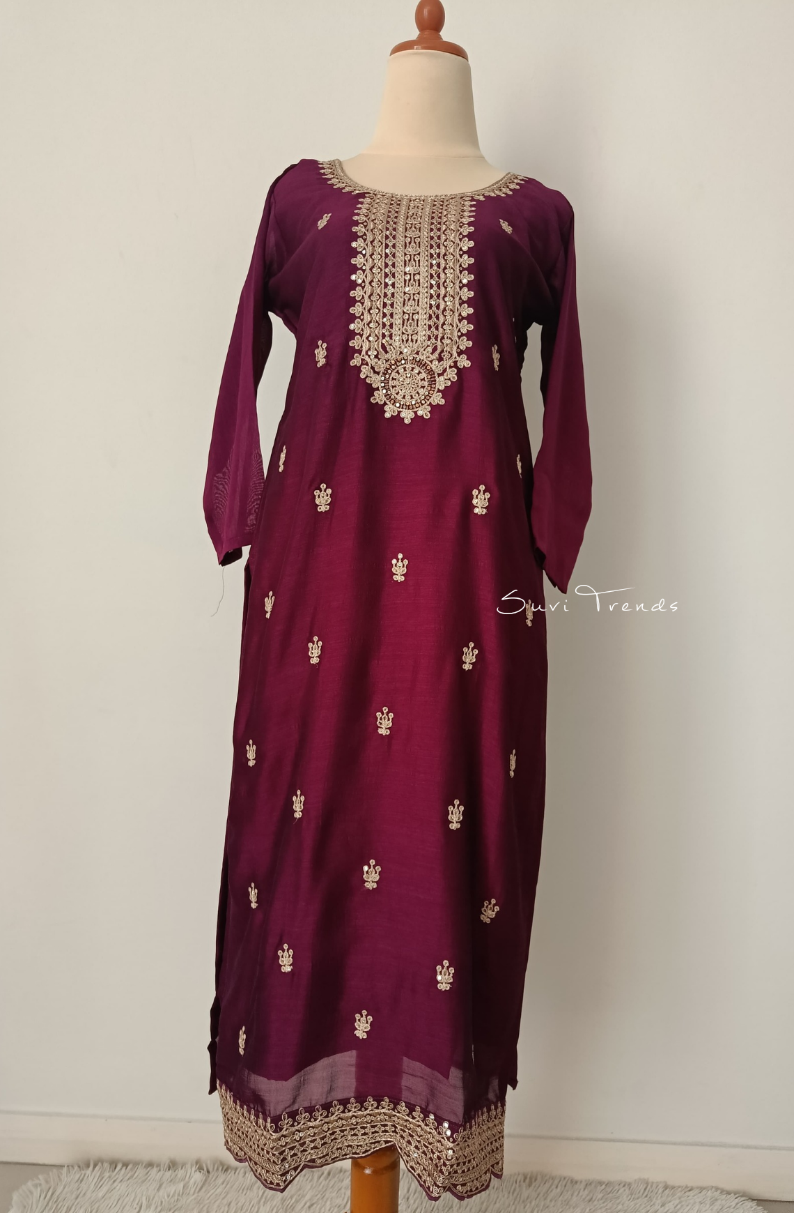 Pure Muslin Suit Set with Heavy Embellishment - Magenta