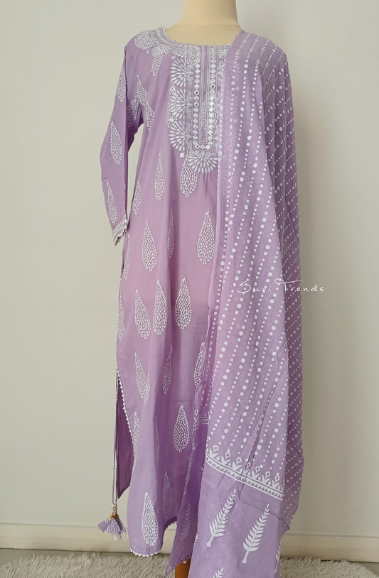 Floral Embroidered Muslin Suit Set - Purple