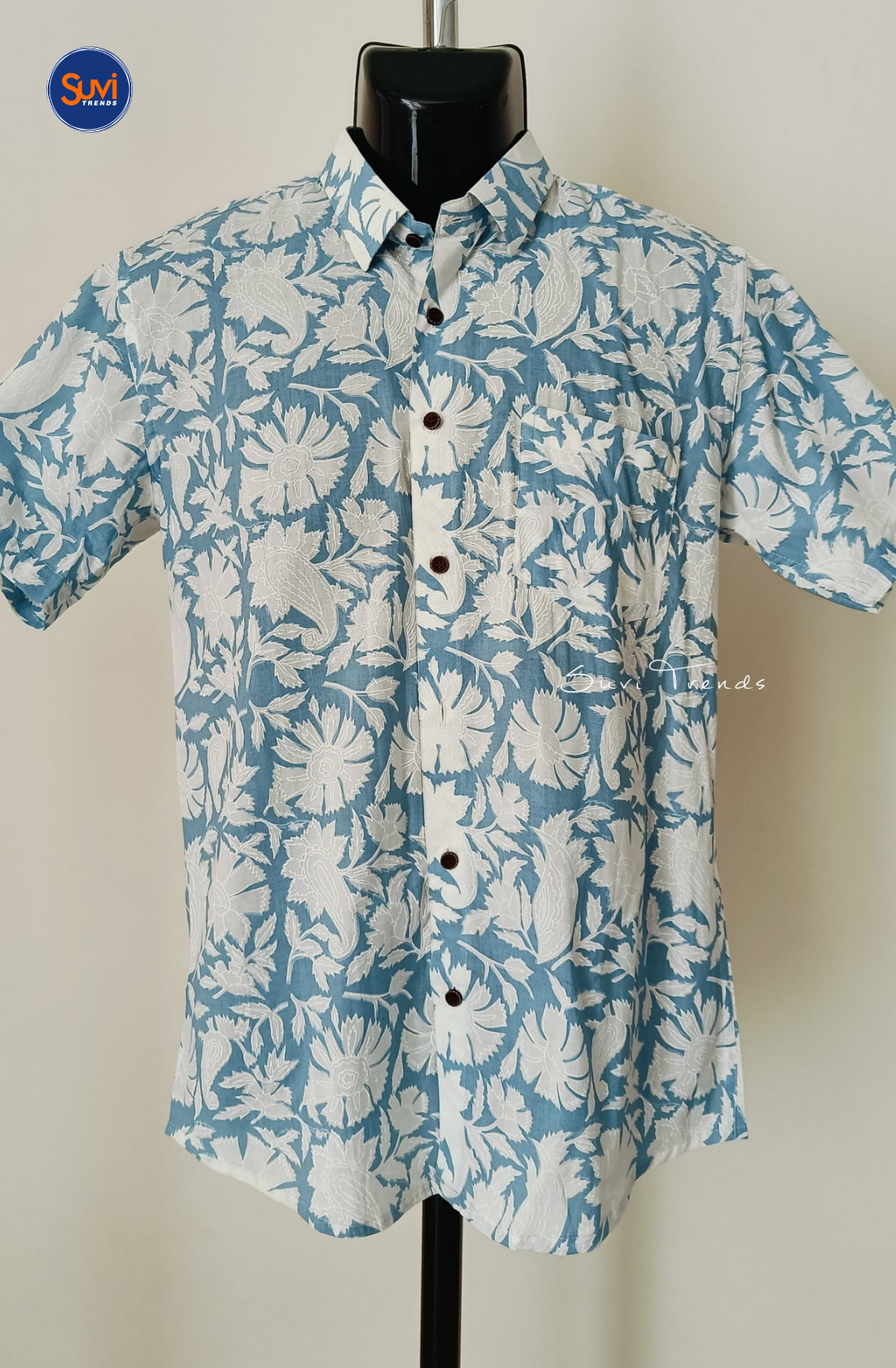 Men's Floral Printed Cotton Shirt - Sky Blue