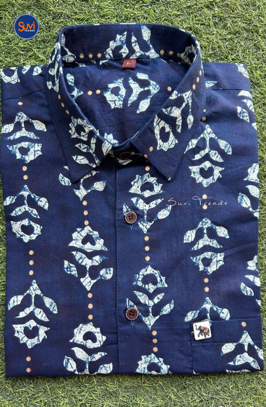 Men's Floral Printed Cotton Shirt - Blue
