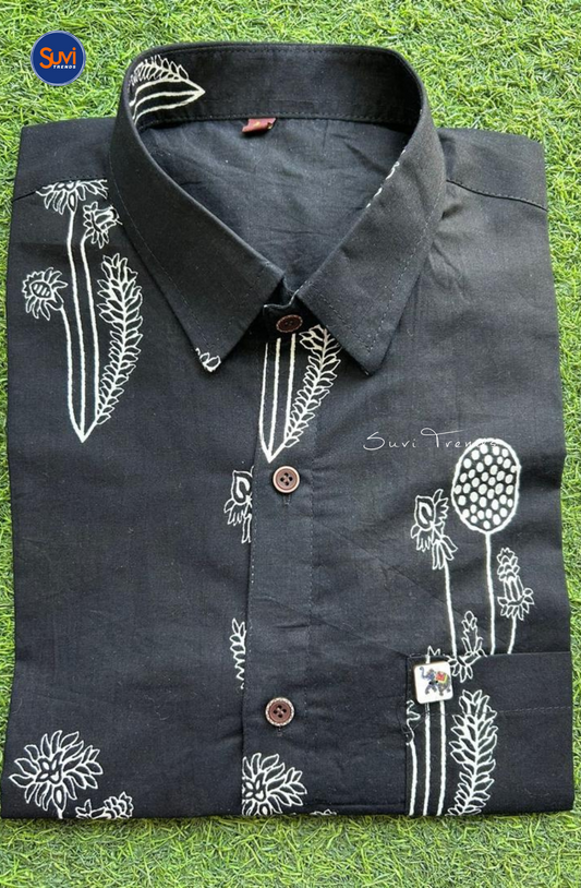 Men's Botanical Print Cotton Shirt - Black