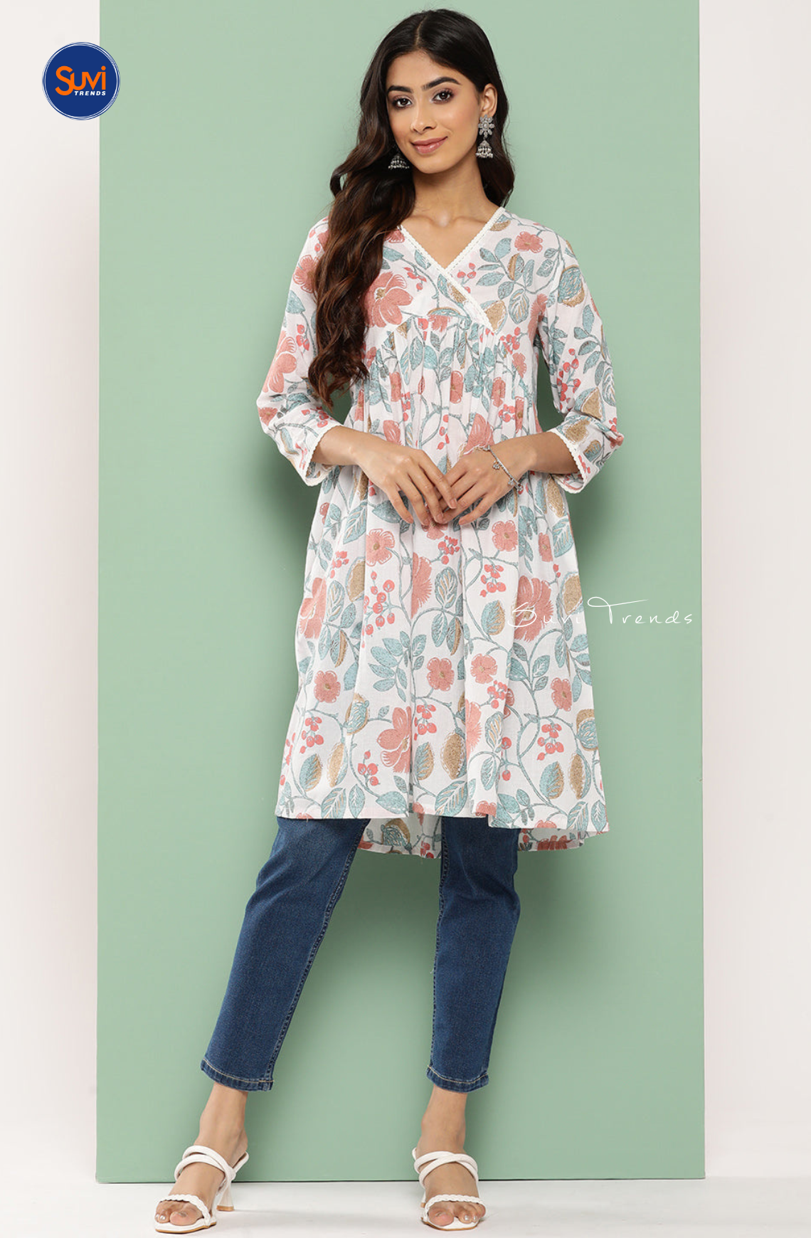 Pure Cotton Botanical Print Gathered Kurti - White