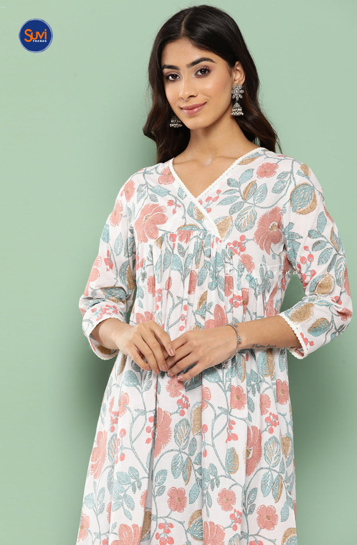 Pure Cotton Botanical Print Gathered Kurti - White