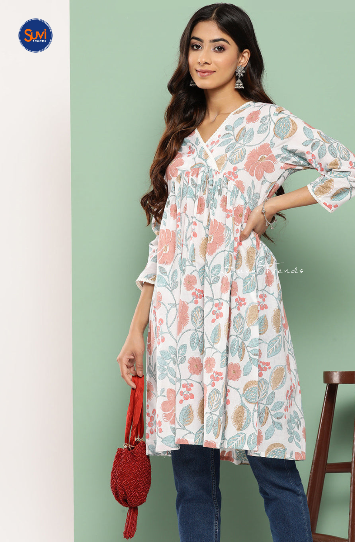 Pure Cotton Botanical Print Gathered Kurti - White