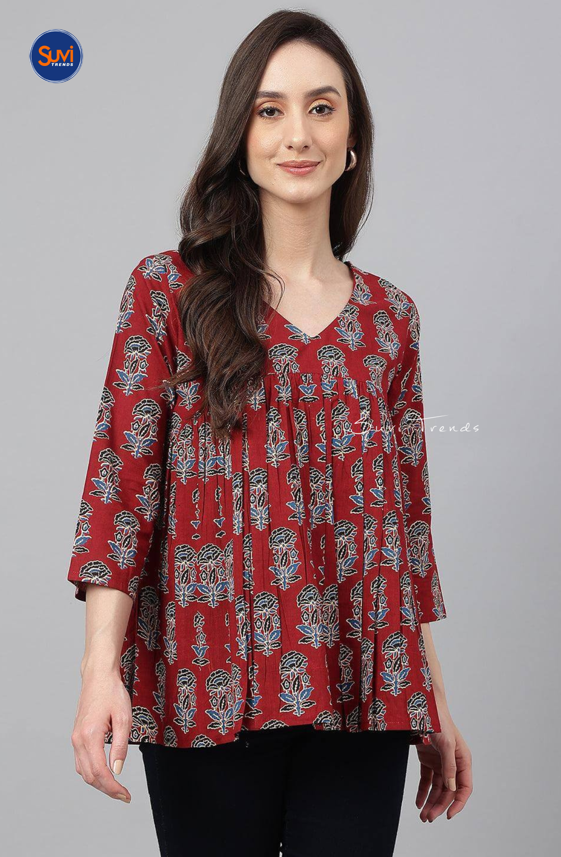 Floral Printed Gathered Short Top - Maroon