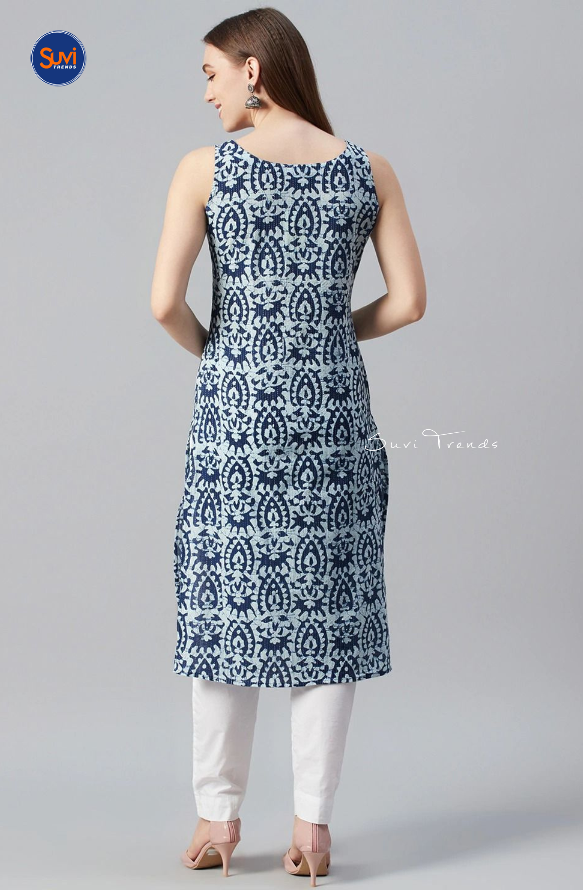 Kantha Cotton Printed Long Kurta - Navy Blue