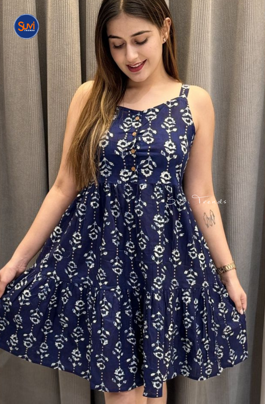 Floral Printed Sleeveless Dress - Blue