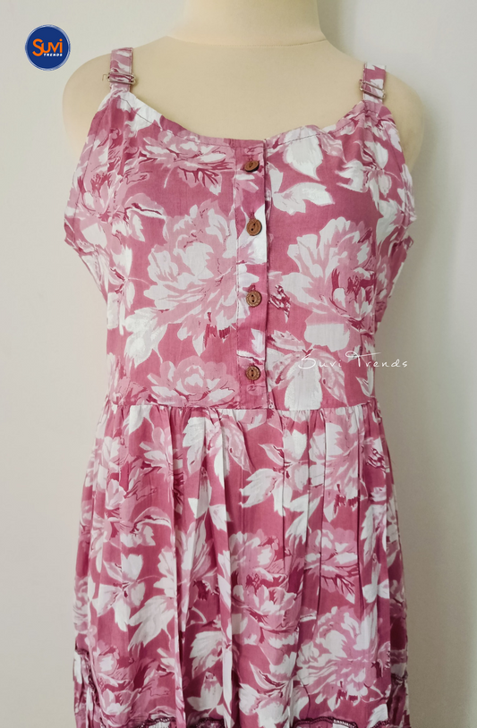 Floral Printed Cotton Long Dress - Pink