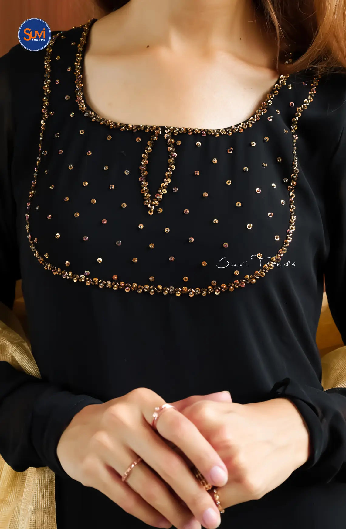 Solid A-Line Long Kurta with Sequins Work - Black