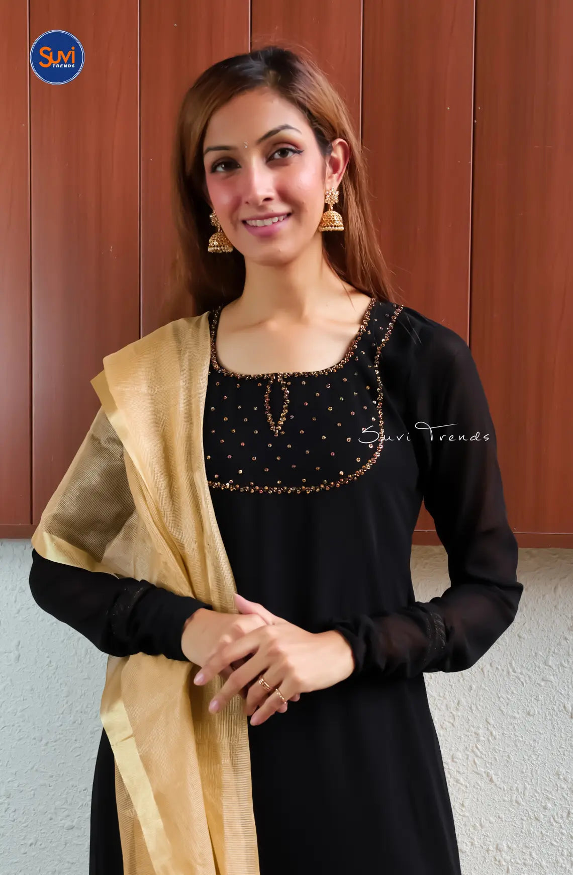 Solid A-Line Long Kurta with Sequins Work - Black