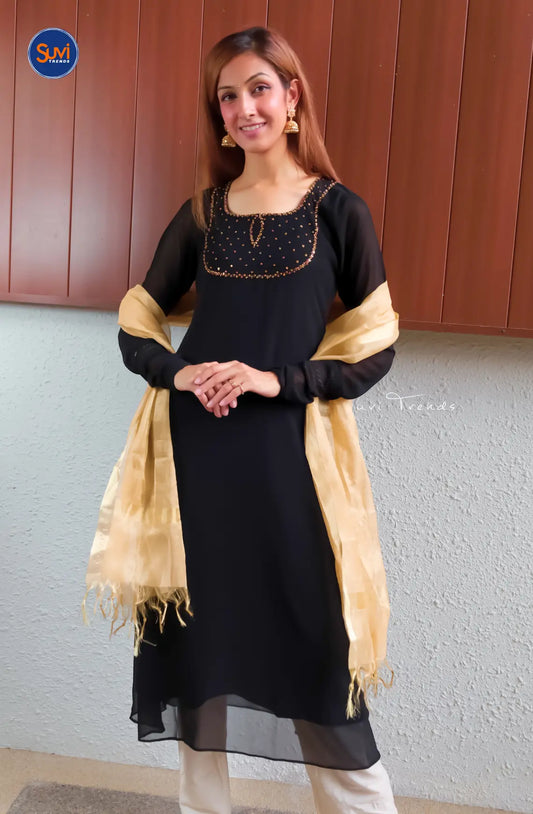 Solid A-Line Long Kurta with Sequins Work - Black